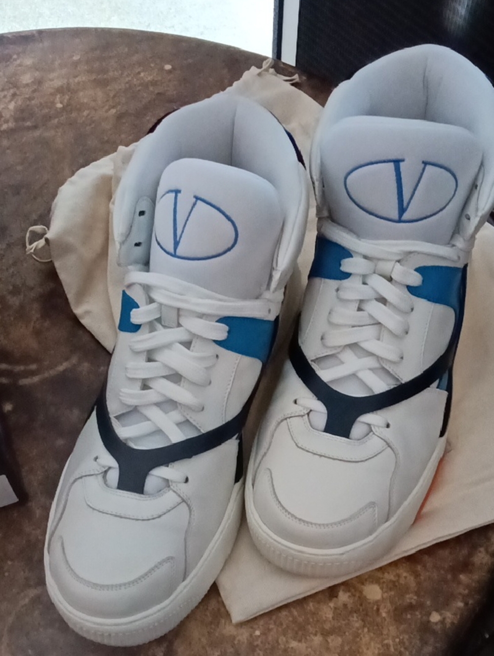 Valentino White High-Top Sneakers with Blue and Black Accents
